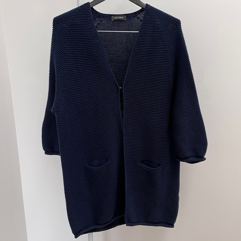 Cop.copine short sleeve cardigan sweater S navy rolled hem timeless minimalist